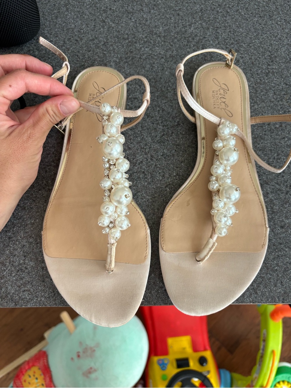 Badgley Mischka Pearl-Embellished Beige T-Strap Sandals